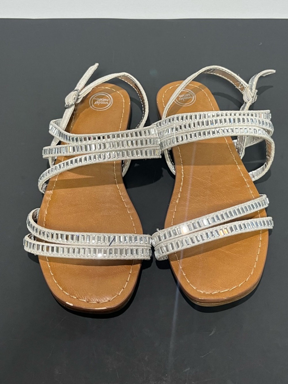 Little Girls Silver Shiny Mirrored Adjustable Ankle Strap Summer Flat Sandals